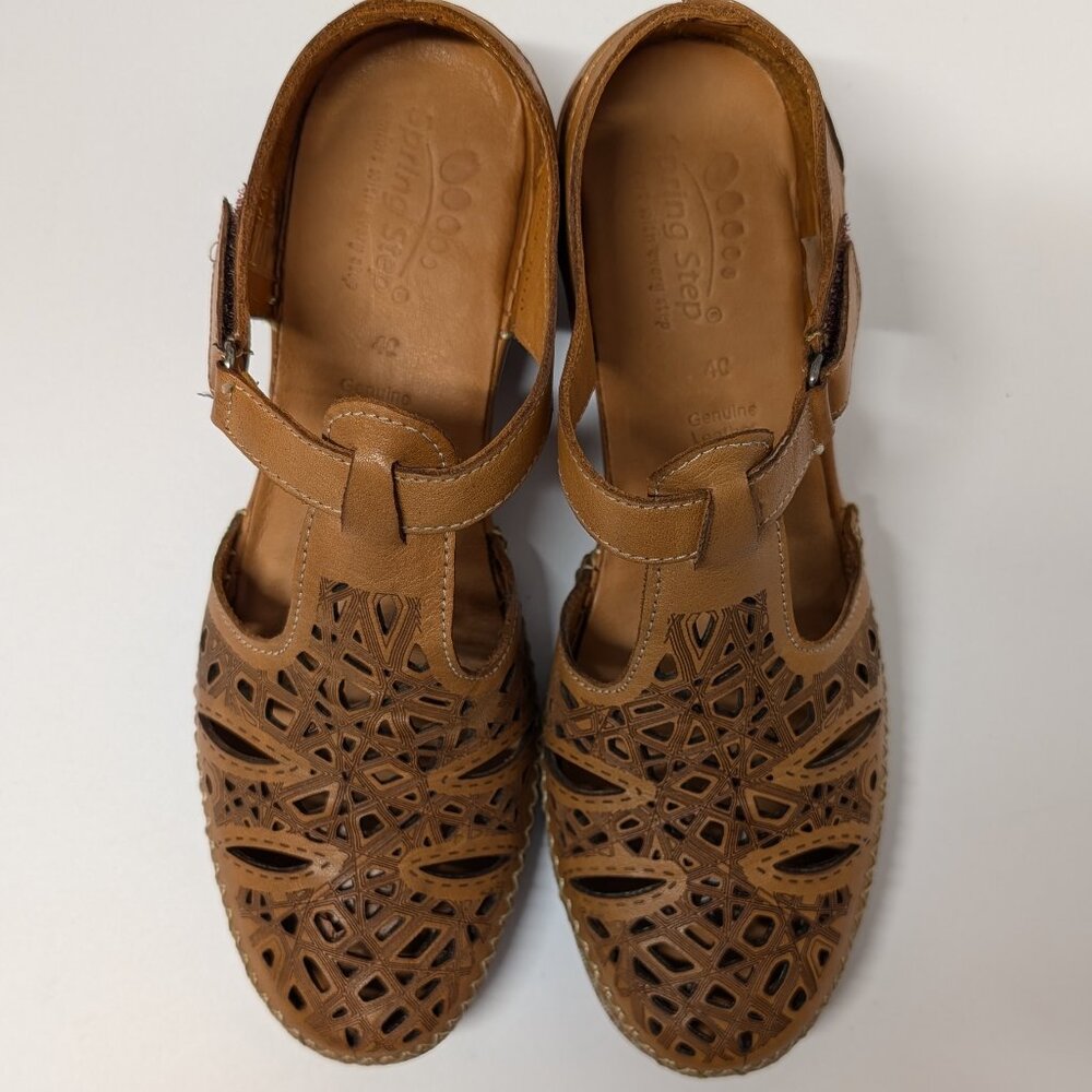Spring Step Irin T-Strap Leather Wedge Sandals in Brown - Picture 3 of 15
